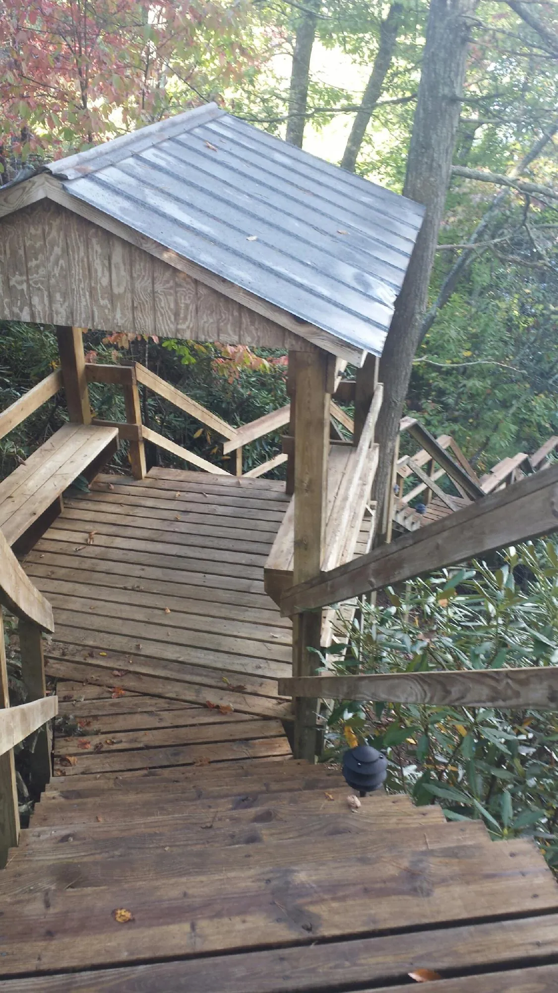 Metal roofed shelter over wooden steps on a wooded walkway — Skylight Repair & Installation work by our crew in Egypt